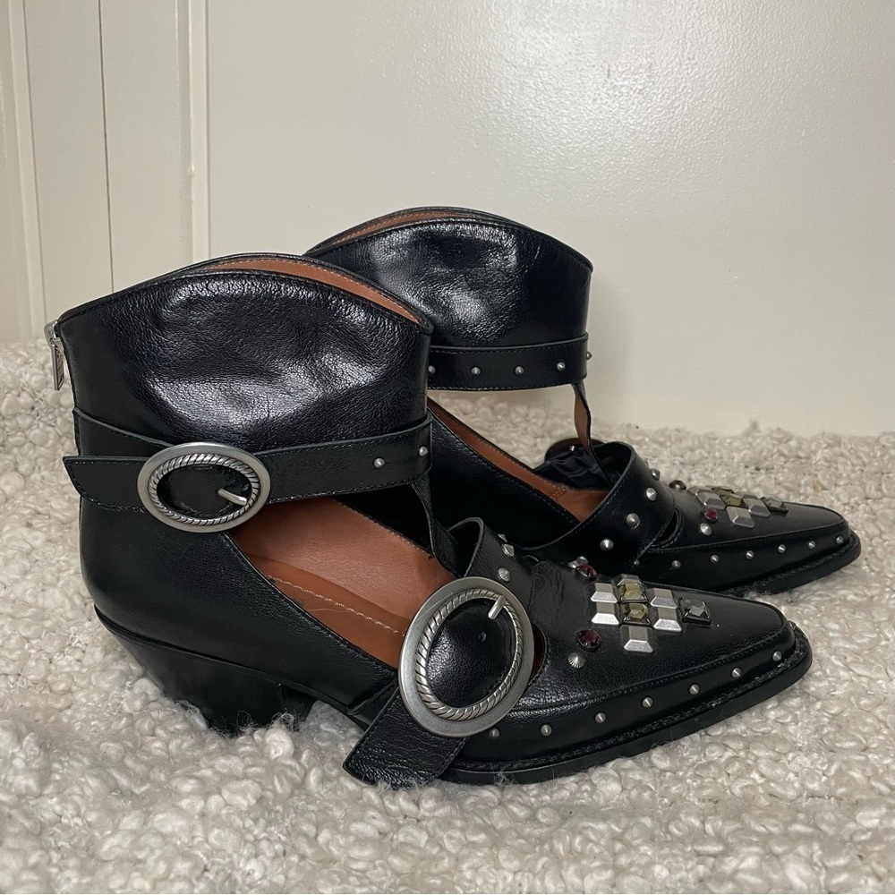 Coach Black Leather Cut Out Western Creeper Bootie Bejewelled Boots 9